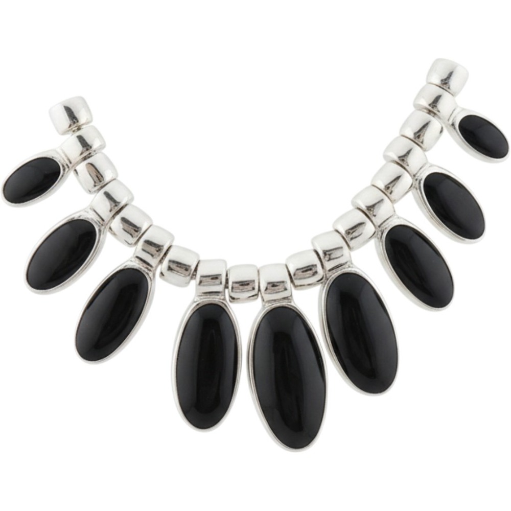 Silver Toned Necklace Featuring A Fan Shaped Pendant W/Oval Shaped Black Stones‎